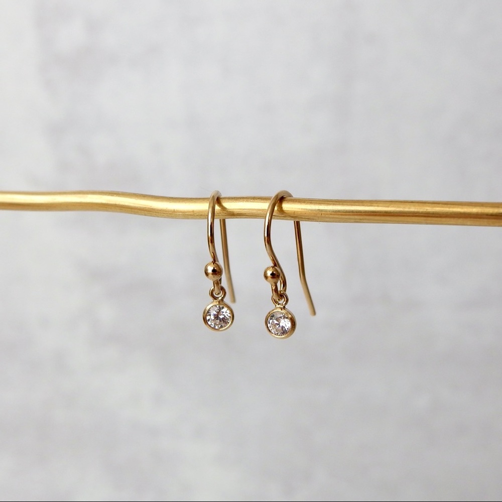 Tiny diamond bezel drop earrings 14k GF